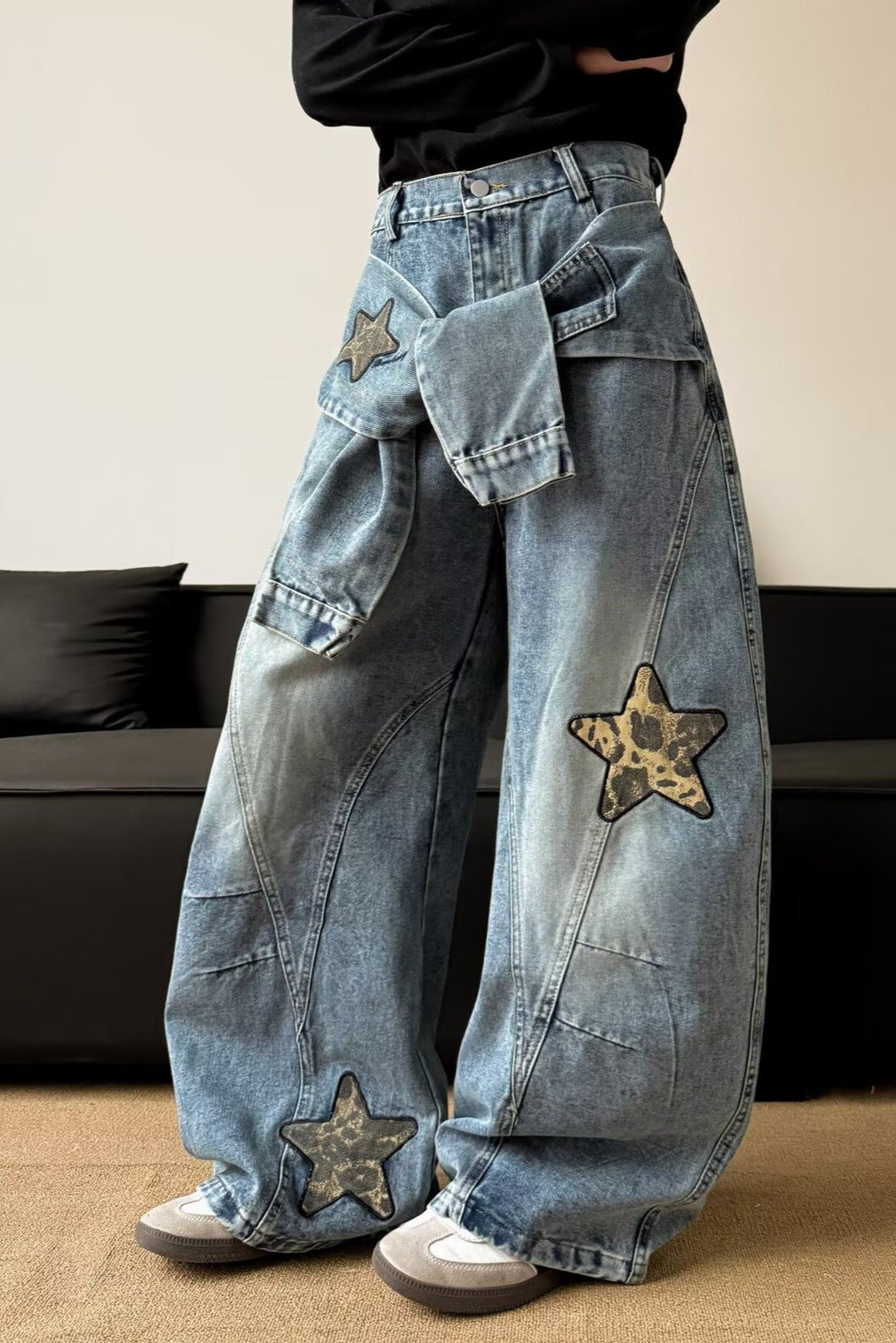 Vintage Washed Patchwork Wide-Leg Denim Jeans
