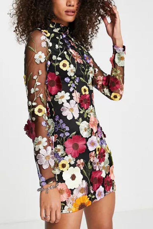 Floral Applique Long Sleeve Sheer Bodycon Mini Dress - View 9