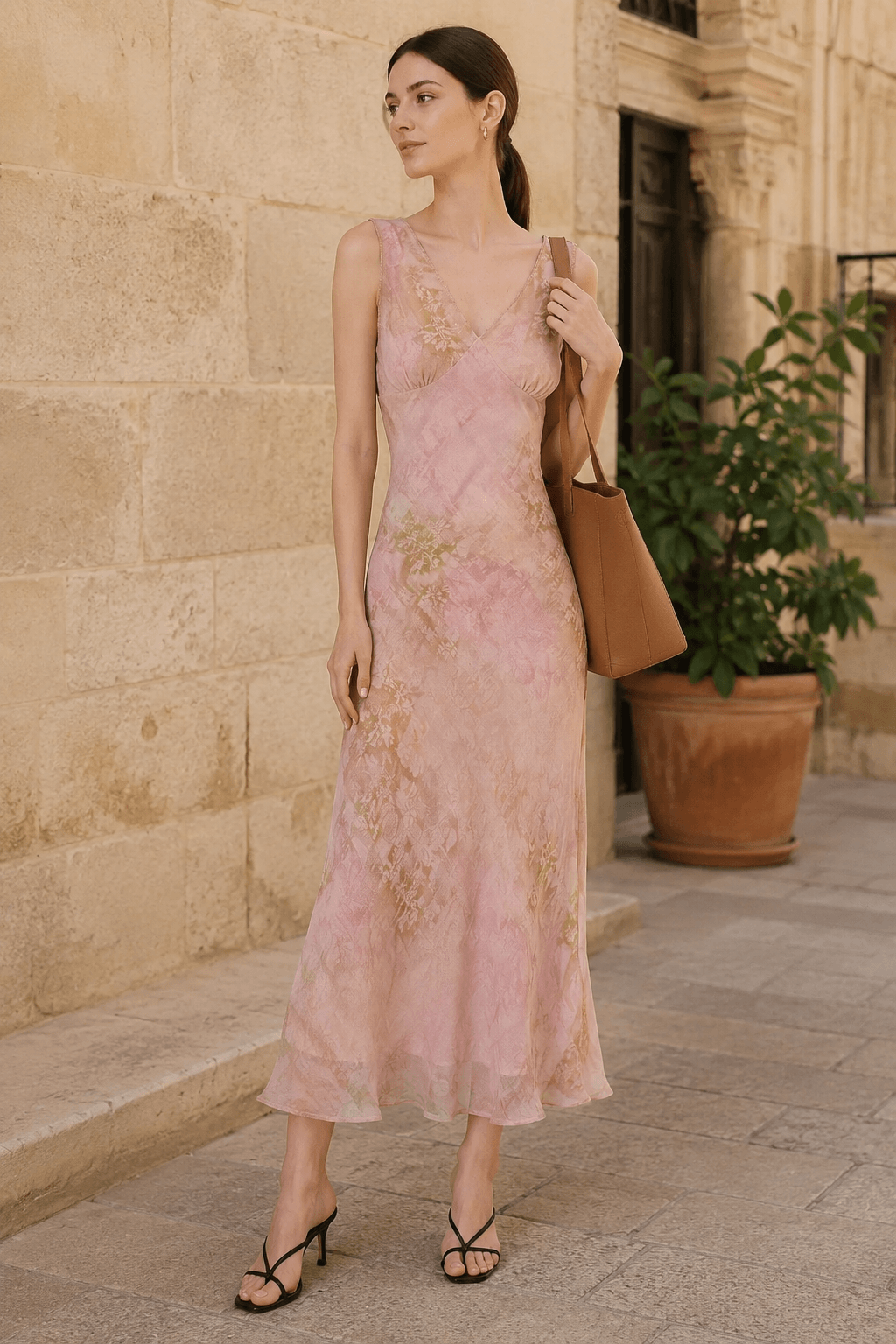 Floral V-Neck Sleeveless Bias Cut Midi Dress