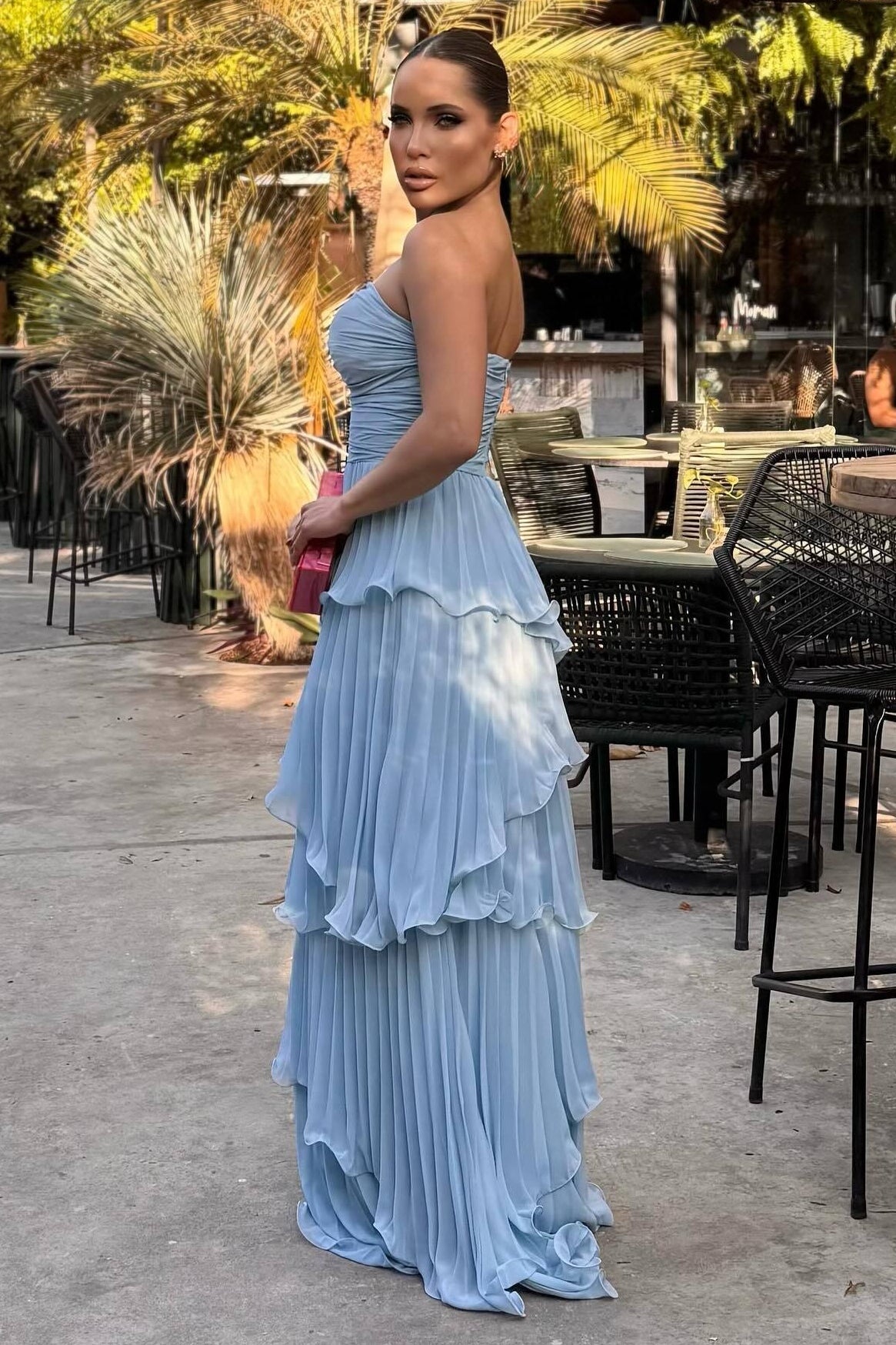 Strapless Ruched Tiered Pleated Chiffon Maxi Prom Dress - View 6