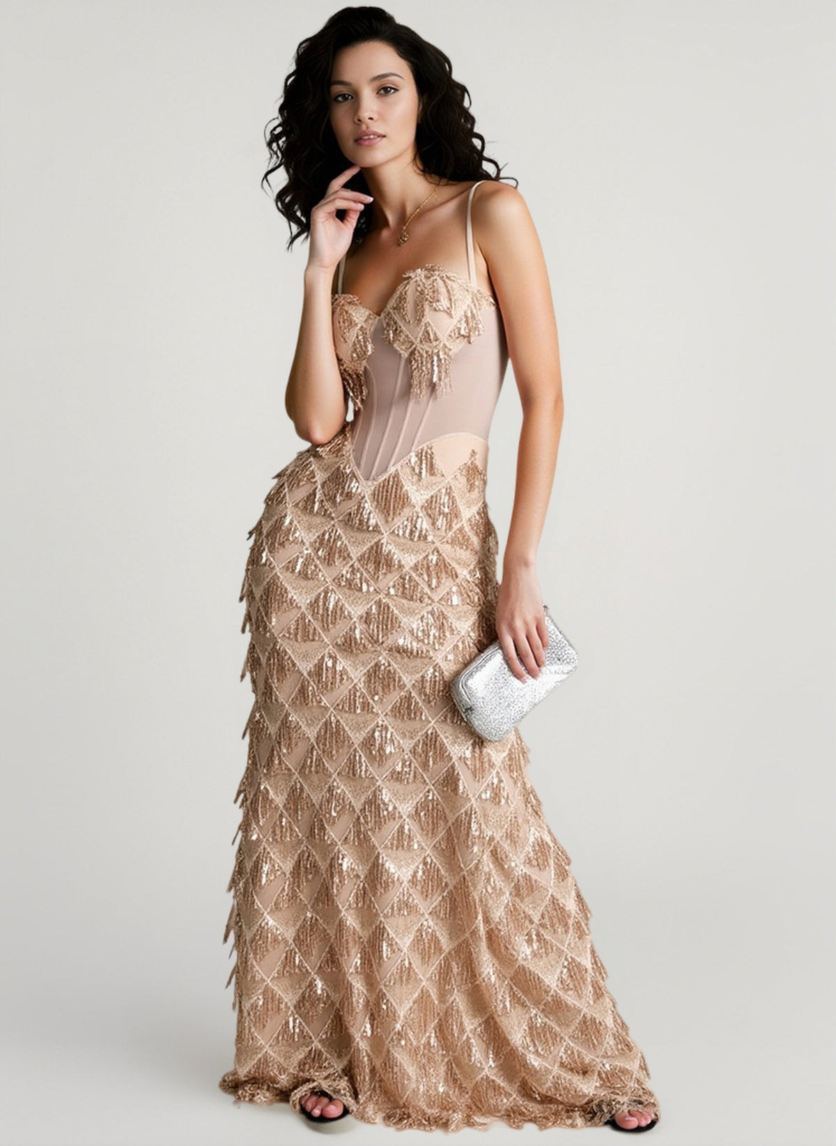 Sequin Spaghetti Strap Sweetheart Corset Fringe Mermaid Maxi Gown