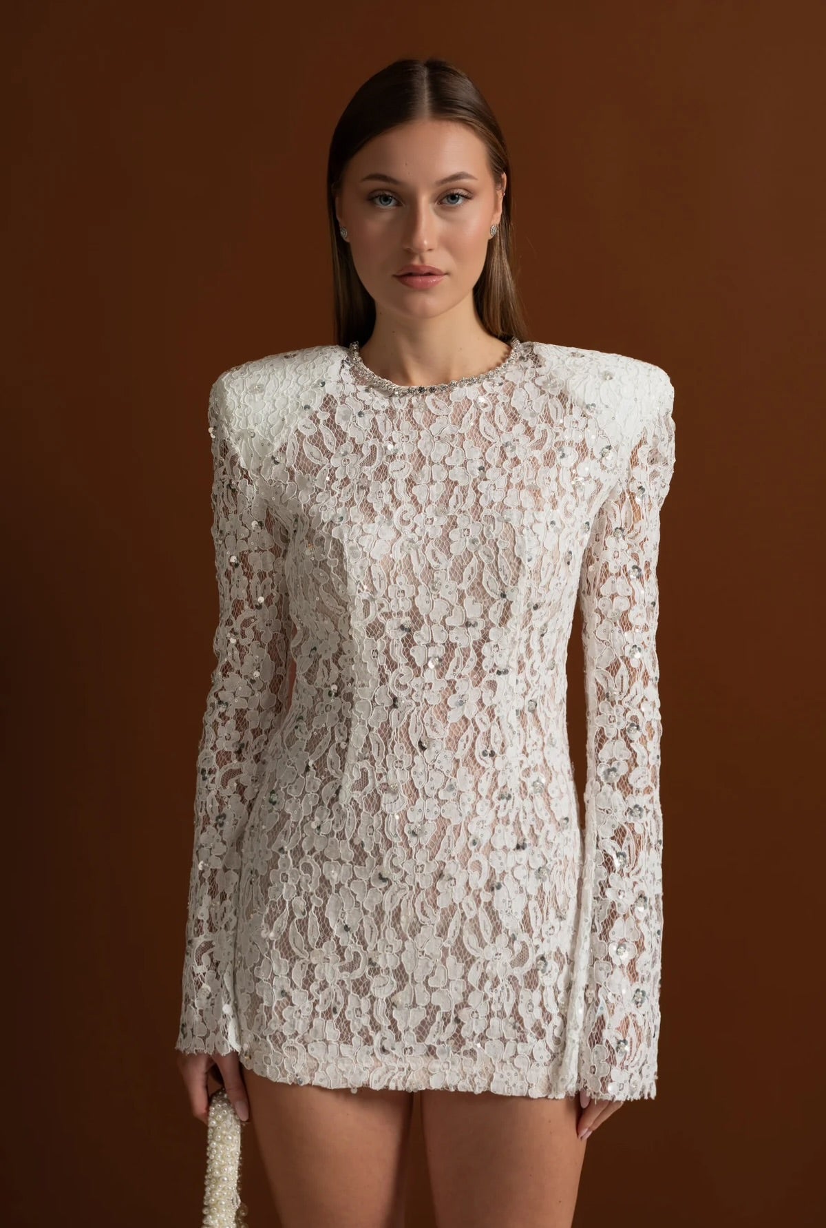 Sequin Lace Mini Dress With Structured Shoulders – White - View 4