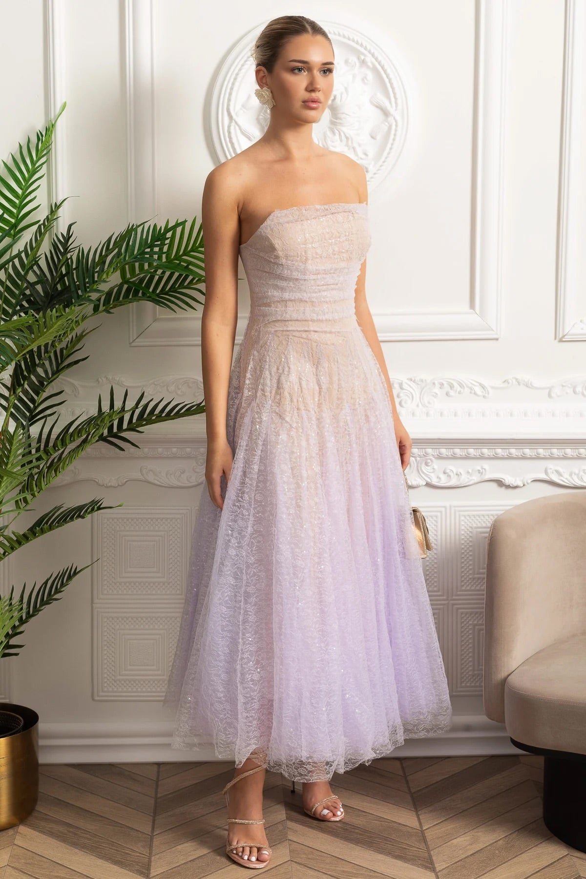 Strapless A-Line Midi Dress - Lilac Gradient - View 3