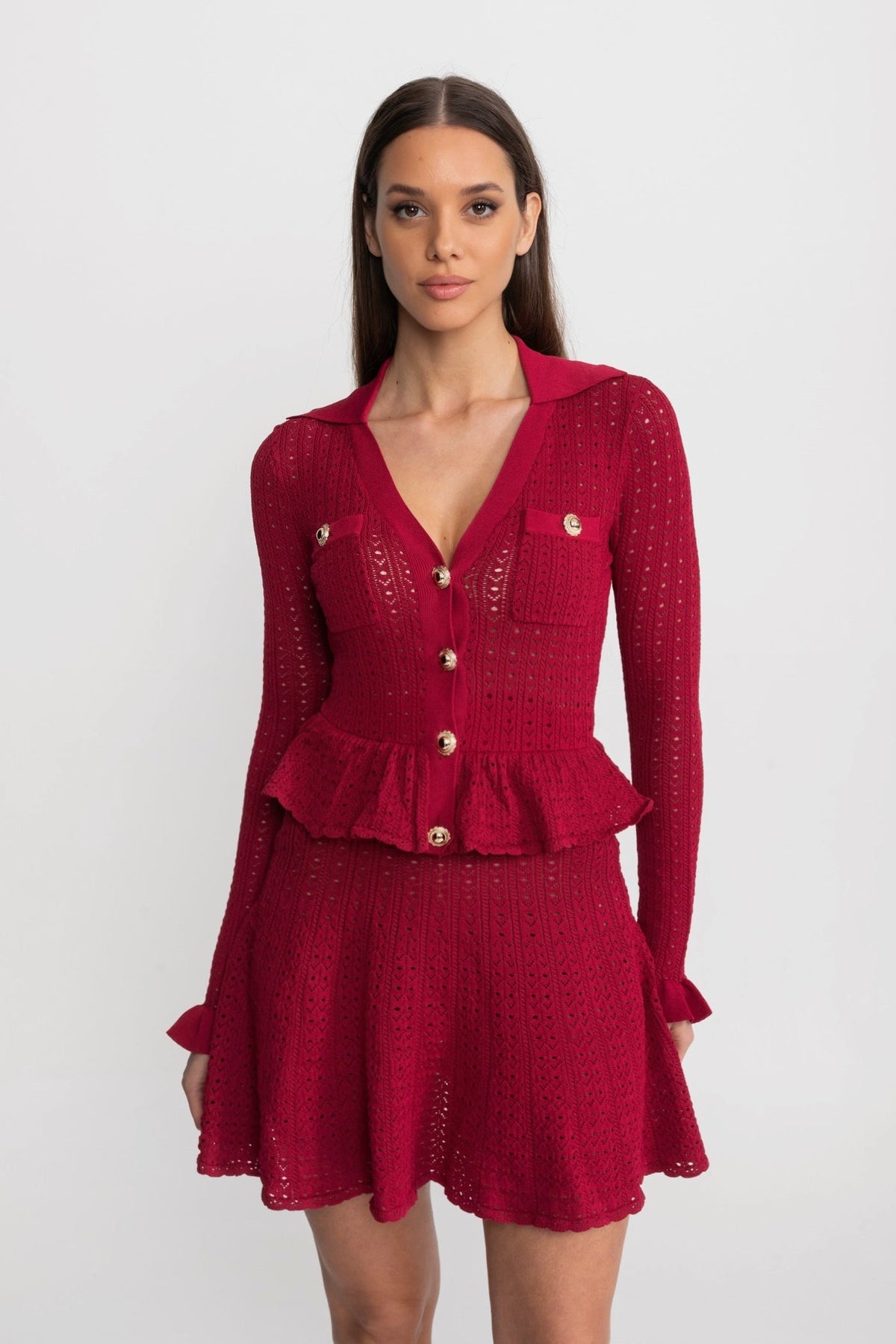 Pointelle Knit Mini Dress with Peplum Hem – Dark Red - View 2