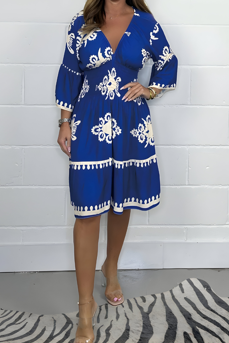 Folk Floral Print V-Neck Three Quarter Sleeve Tiered Midi Dress 7