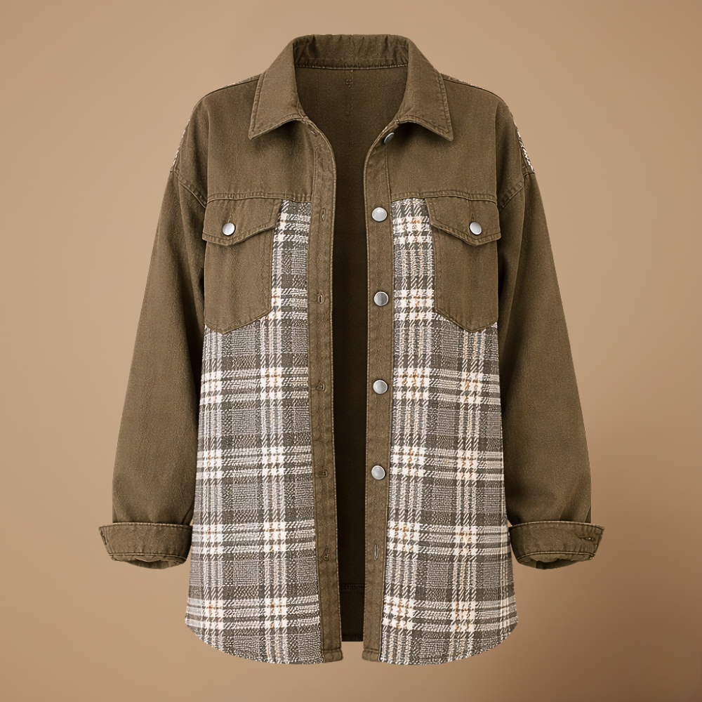 Plaid Patchwork Denim Button Front Shacket 10