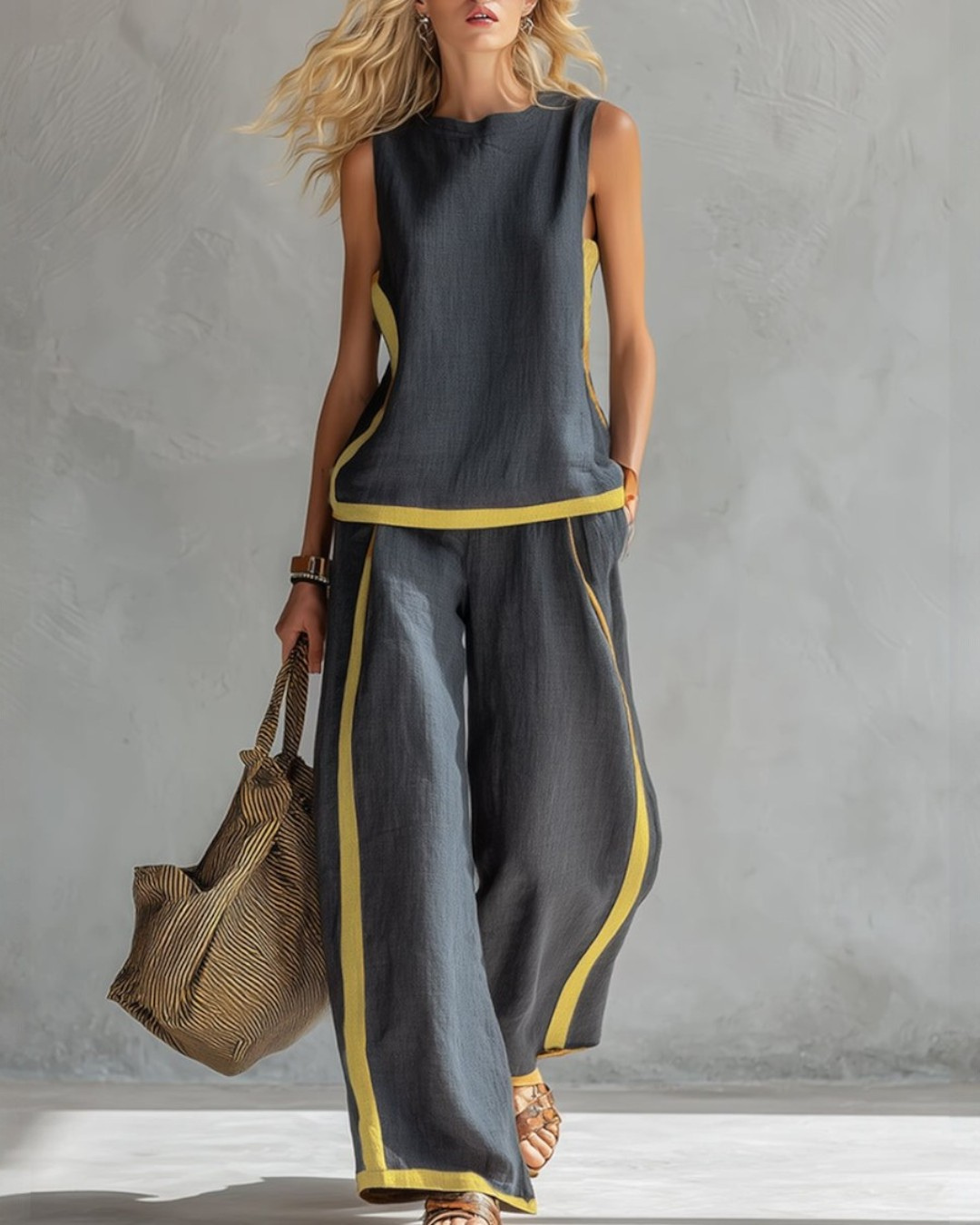 Contrast Trim Sleeveless Top and Wide Leg Pants Two Piece Set 4