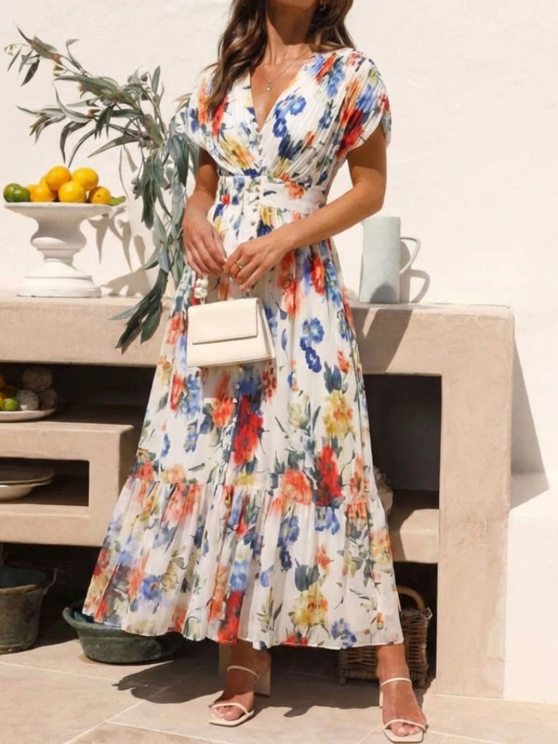 Watercolor Floral V-Neck Pleated Maxi Dress 6