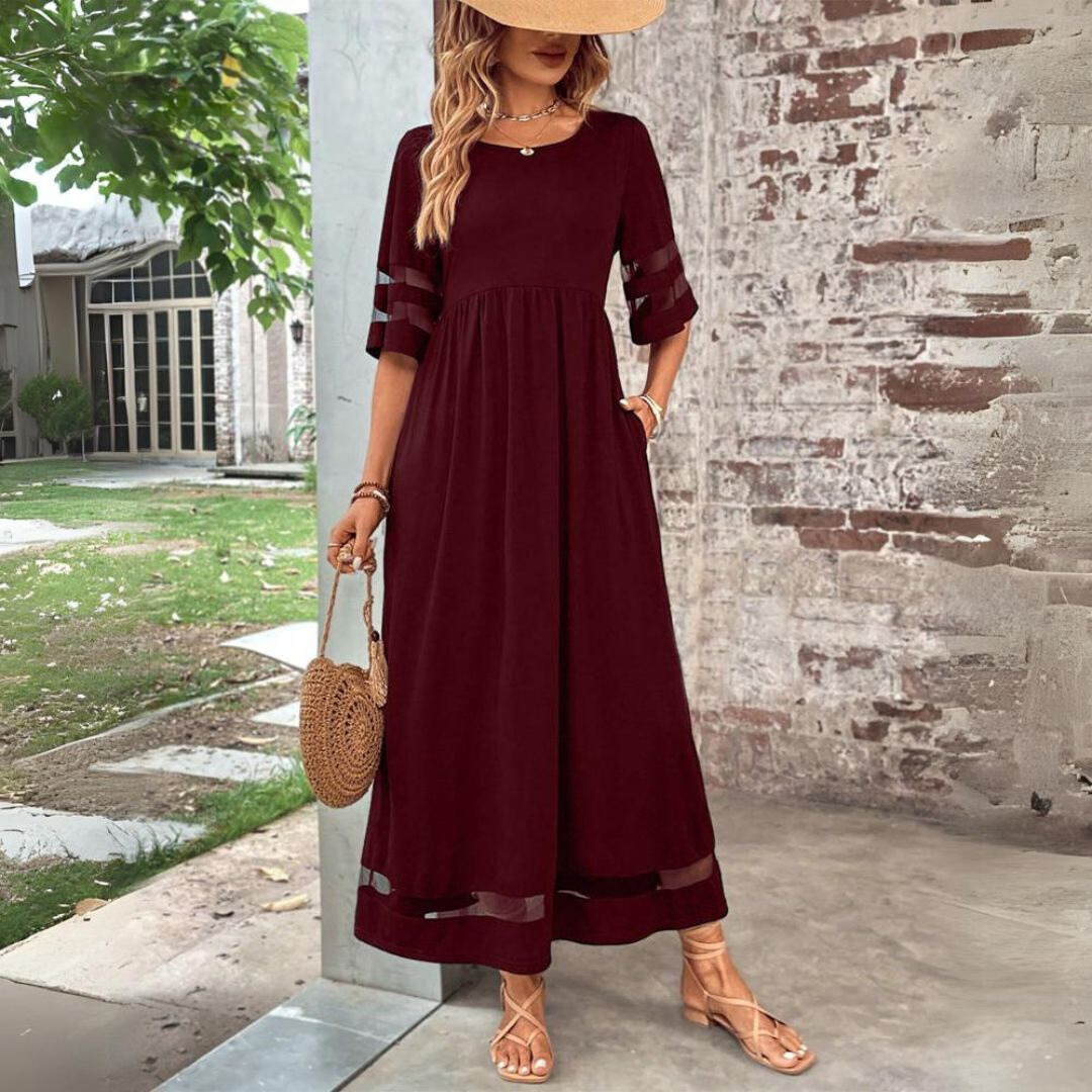 Round Neck Mesh Insert Half Sleeve Maxi Dress 4