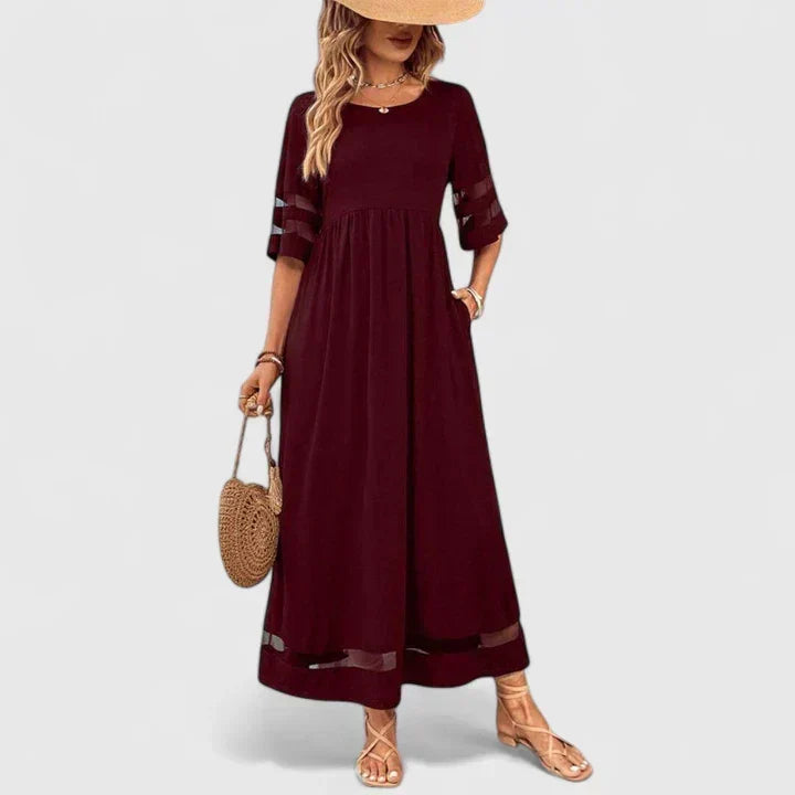 Round Neck Half Sleeve Sheer Stripe Gathered Waist Midi Dress 2