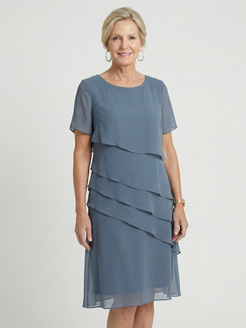 Round Neck Short Sleeve Tiered Knee Length Dress 5