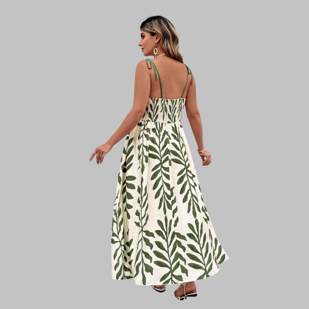 Leaf Print Square Neck Spaghetti Strap Maxi Sundress 4