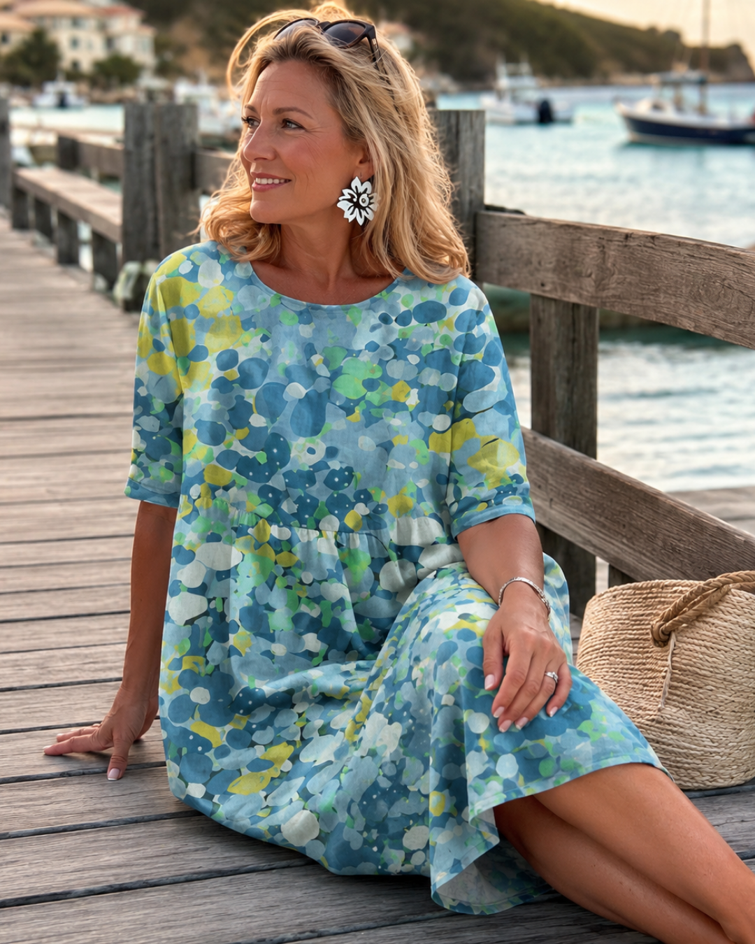 Floral Dot Print Round Neck Short Sleeve Midi Dress 3