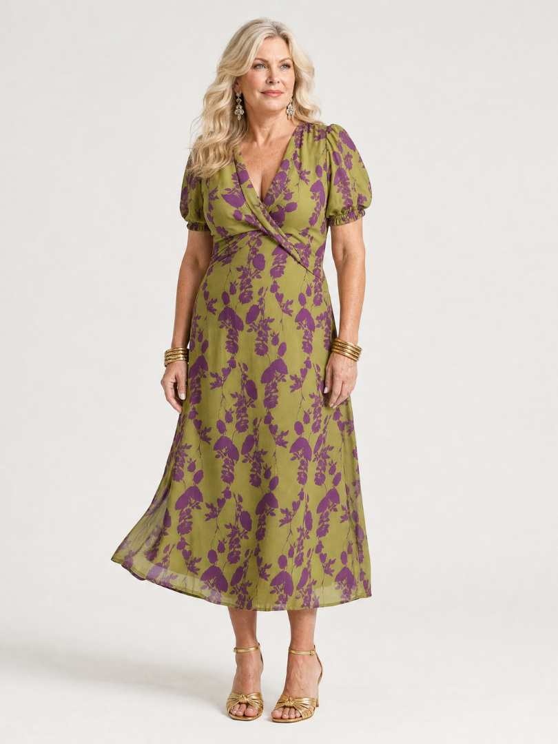 Floral V-Neck Puff Sleeve Wrap Midi Dress 6