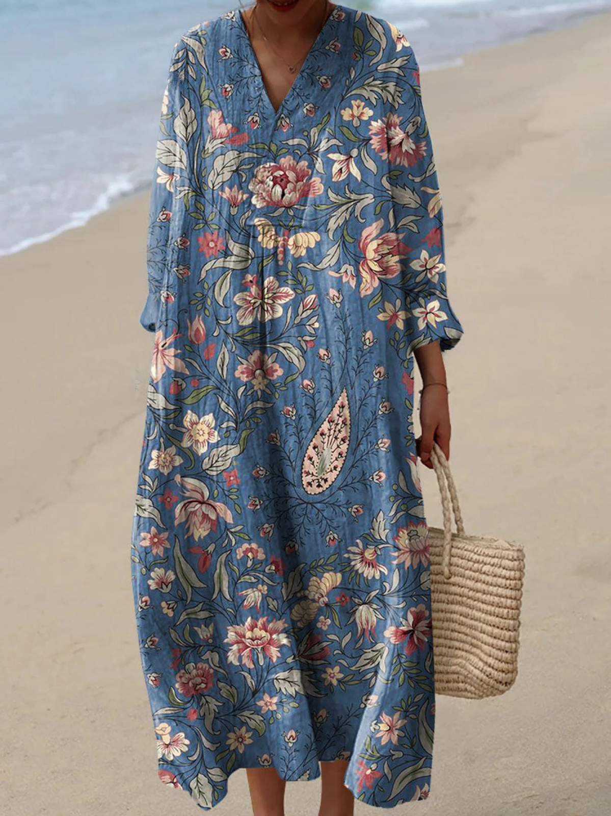 Floral Paisley V-Neck Long Sleeve Kaftan Maxi Dress 2