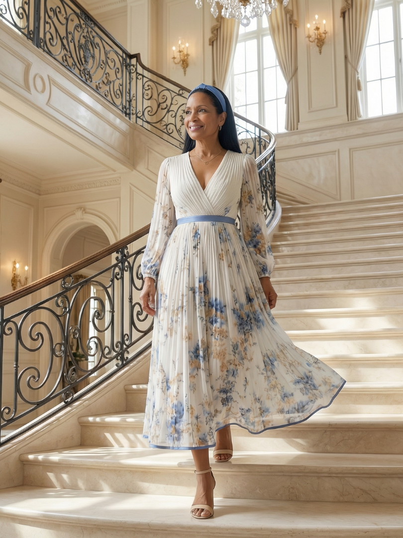 Floral V-Neck Long Sleeve Pleated Belted Maxi Dress 6