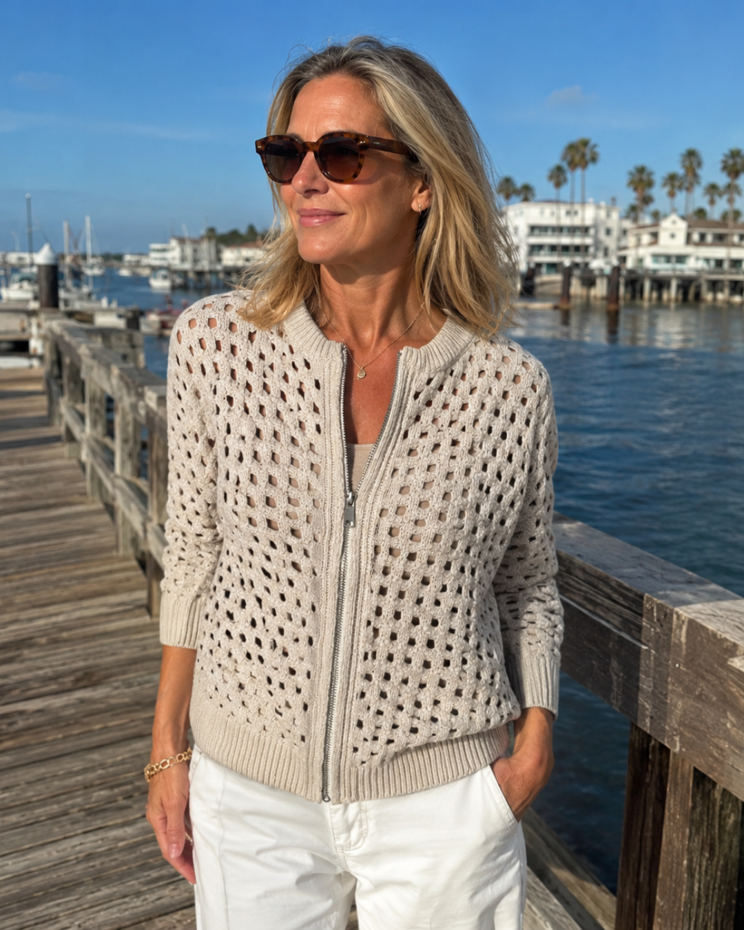 Open Crochet Knit Zip Front Long Sleeve Cardigan