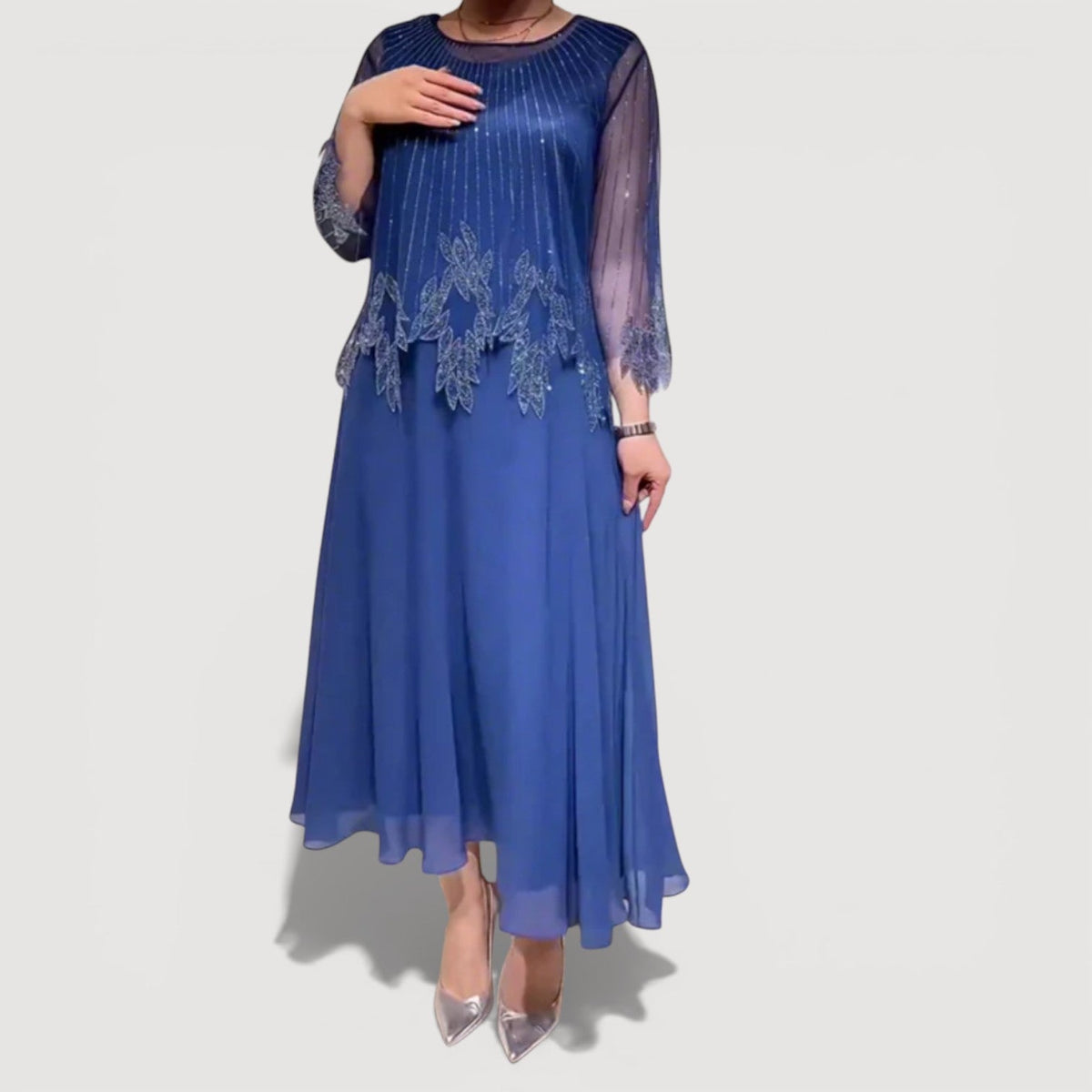 Beaded Illusion Neck Sheer Sleeve Floral Overlay Maxi Gown 5