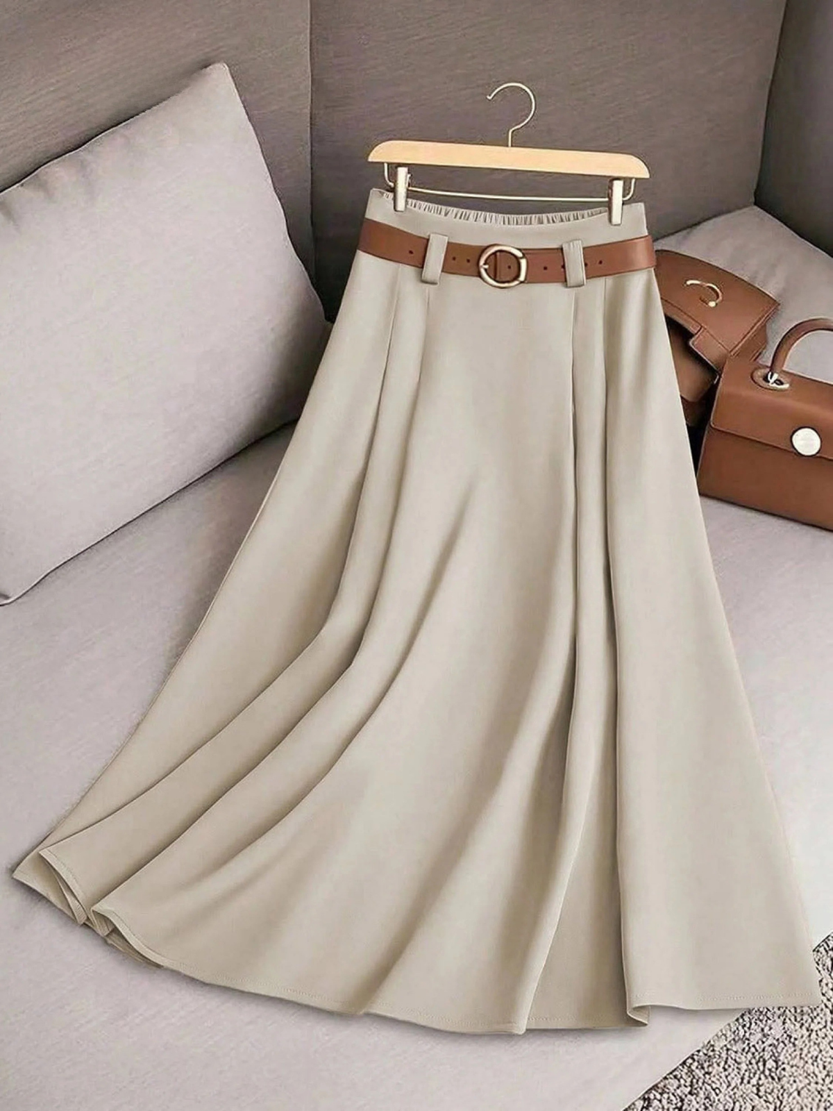 High Waist Belted Pleated A-Line Midi Skirt 2