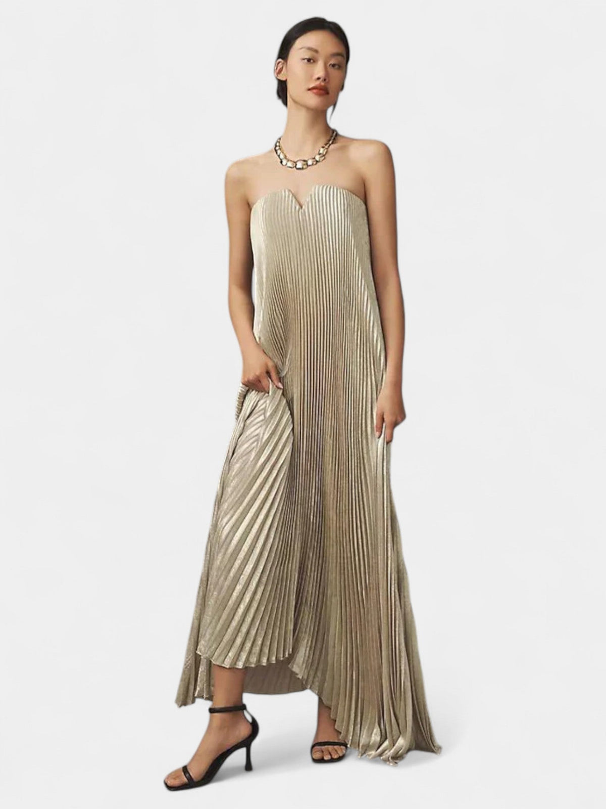 Strapless Sweetheart Pleated Metallic Maxi Dress