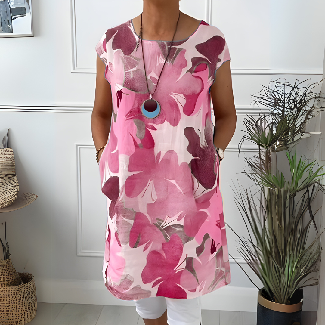 Watercolor Floral Round Neck Short Sleeve Tunic Dress 6