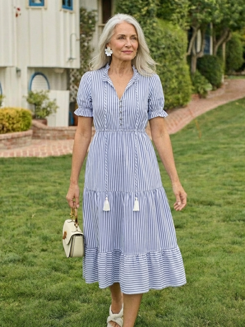 Striped Short Sleeve Button Front Tiered Midi Shirt Dress 6