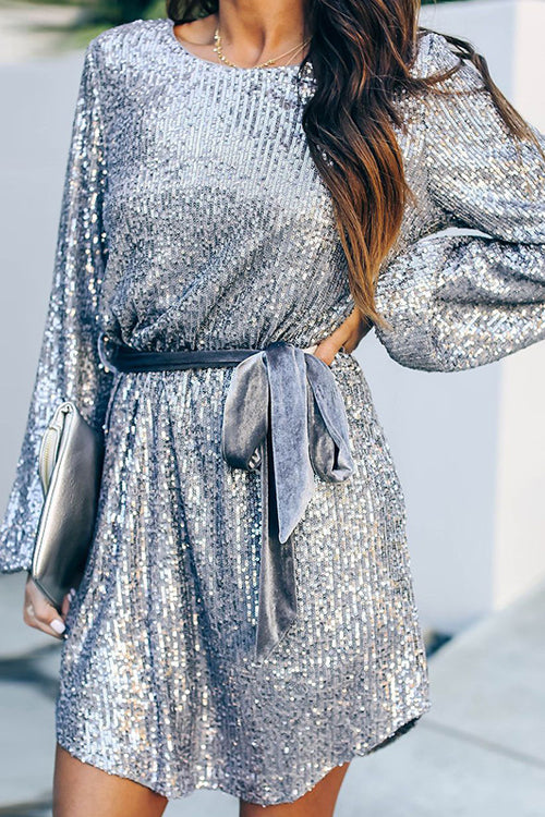 Sequin Bishop Sleeve Tie Waist Mini Dress - View 3