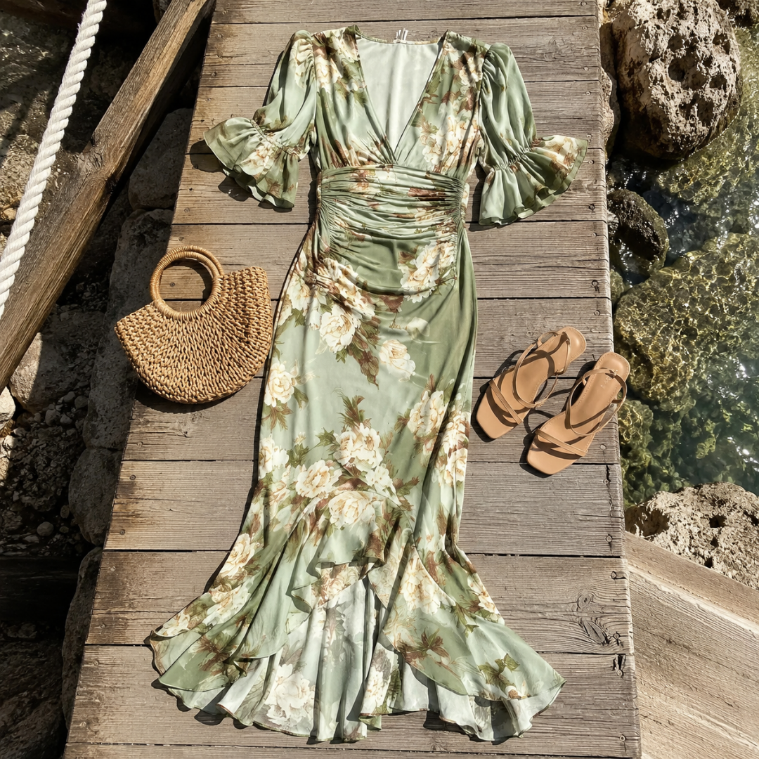Floral Deep V-Neck Ruffle Sleeve Ruched High Low Satin Maxi Dress 8