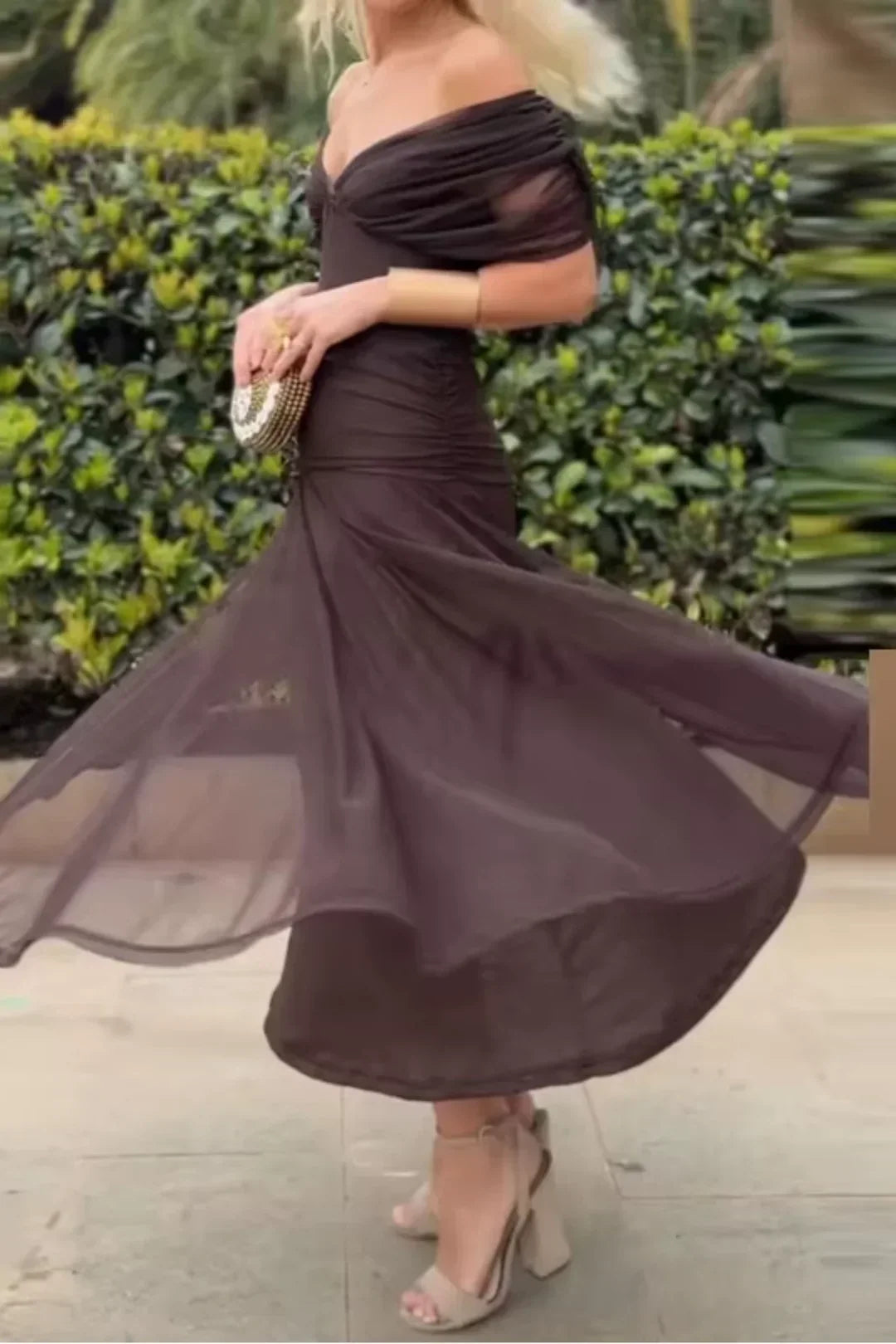 Chiffon Deep V-Neck Short Sleeve Ruched Waist Maxi Dress 15