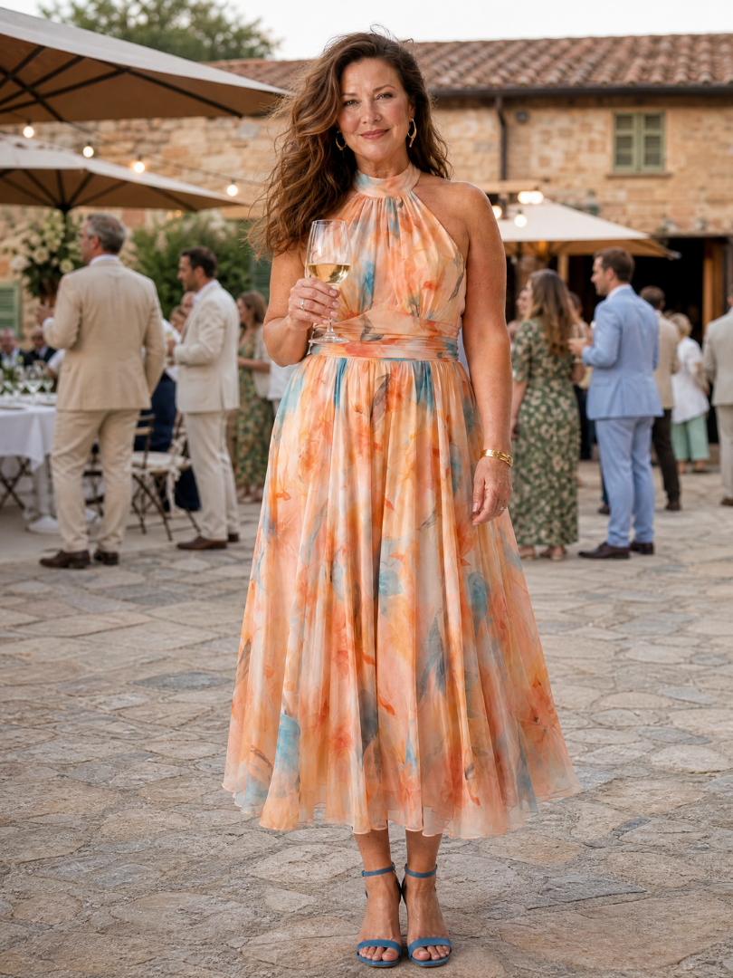 Watercolor Floral Halter Neck Pleated Midi Dress 7