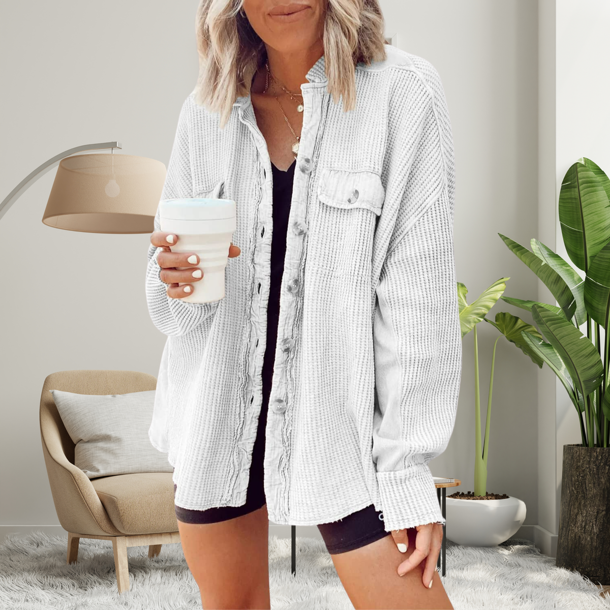 Waffle Knit Drop Shoulder Button Down Shacket 5