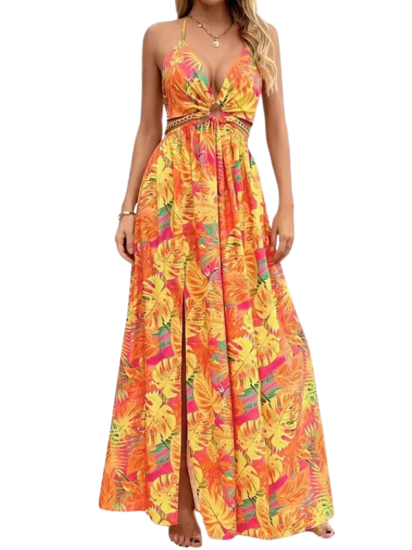 Tropical Floral Deep V-Neck Chain Waist High Split Maxi Dress 4