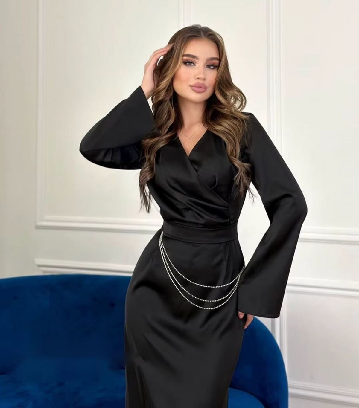 Wrap V-Neck Bell Sleeve Rhinestone Chain Midi Dress - View 3