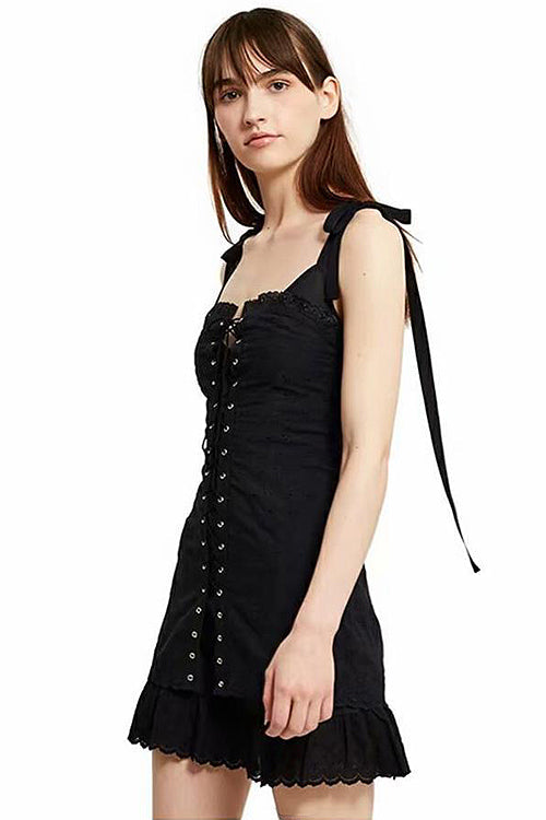 Tie Shoulder Eyelet Lace Up Corset Ruffle Hem Bodycon Mini Dress - View 7
