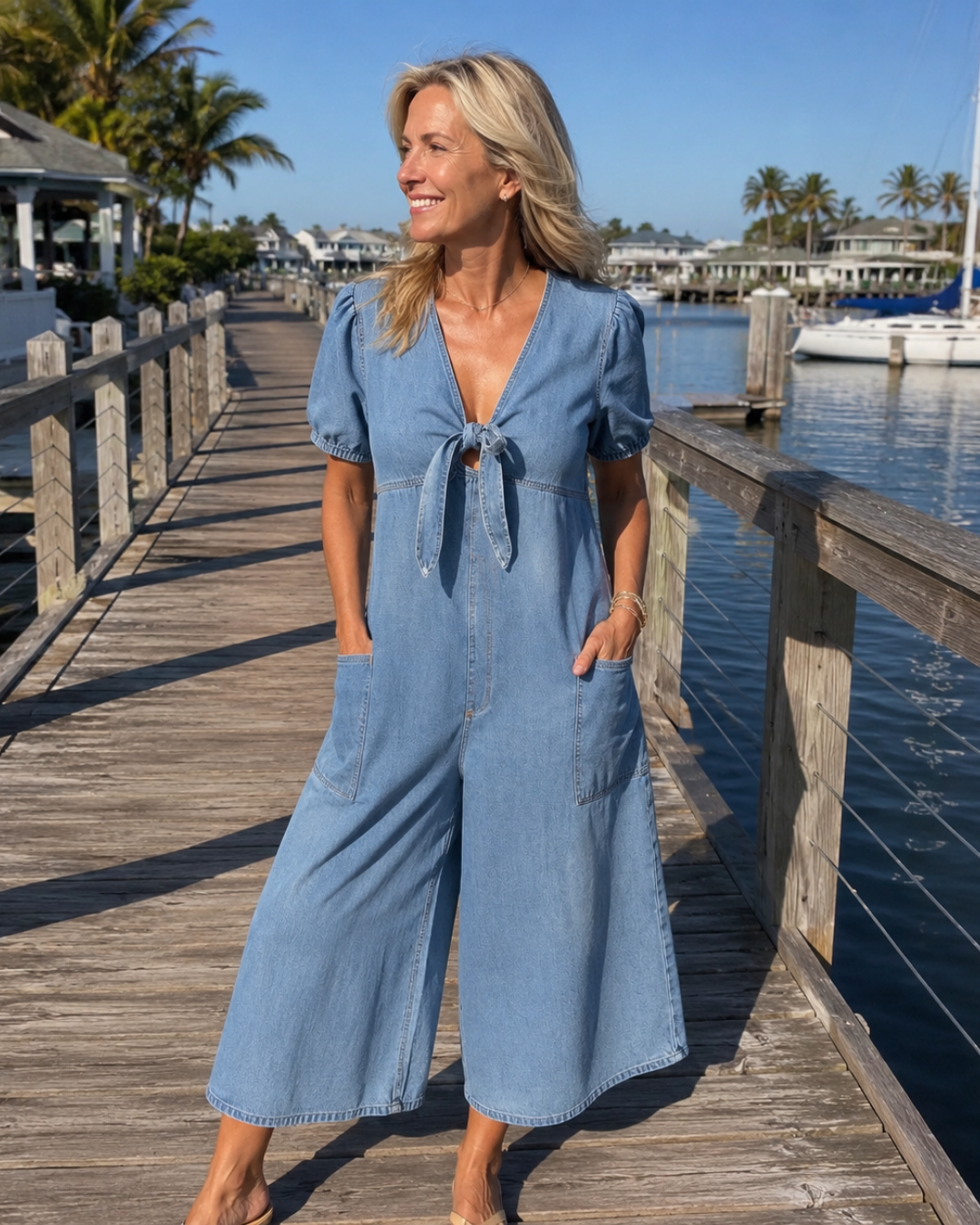 Denim Look Tie Front V-Neck Puff Sleeve Wide Leg Jumpsuit