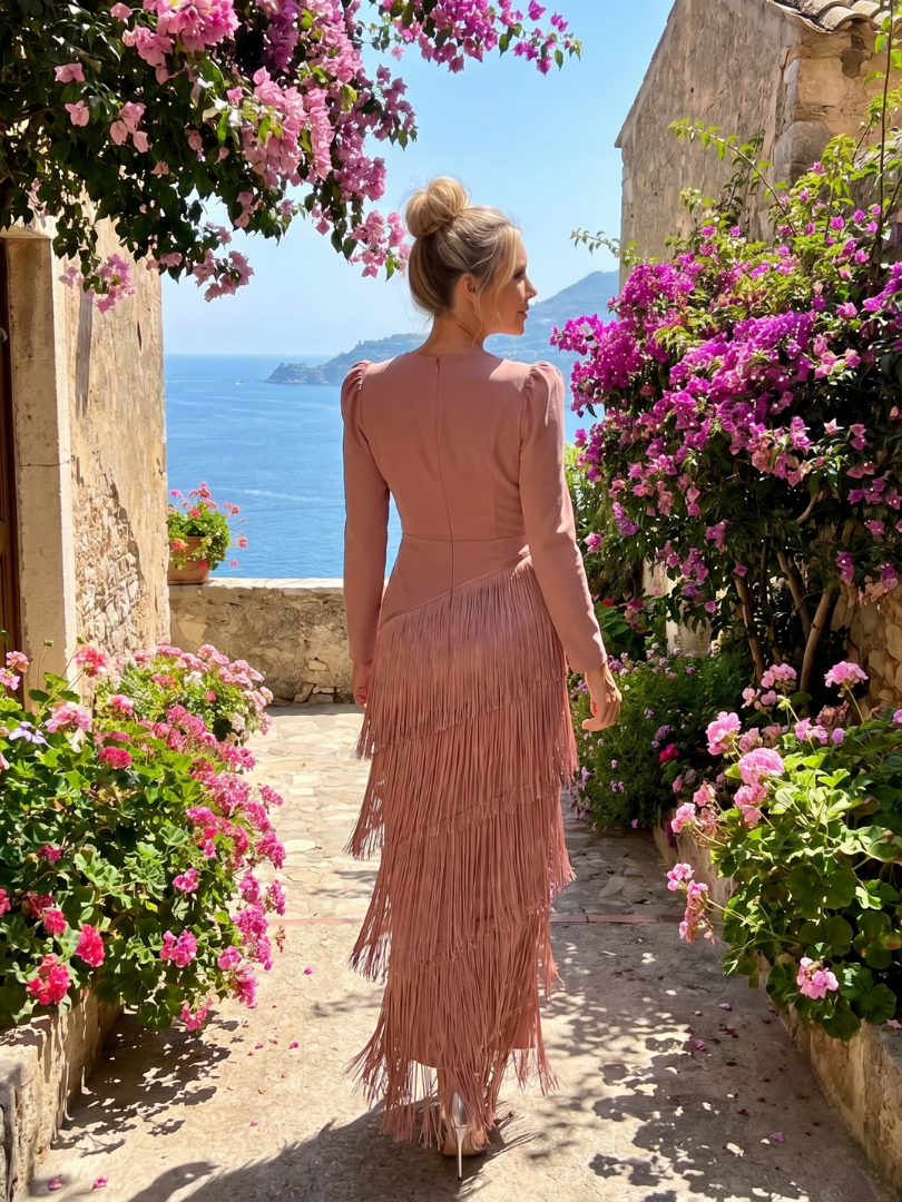 Deep V-Neck Long Sleeve Tiered Fringe Maxi Dress 8