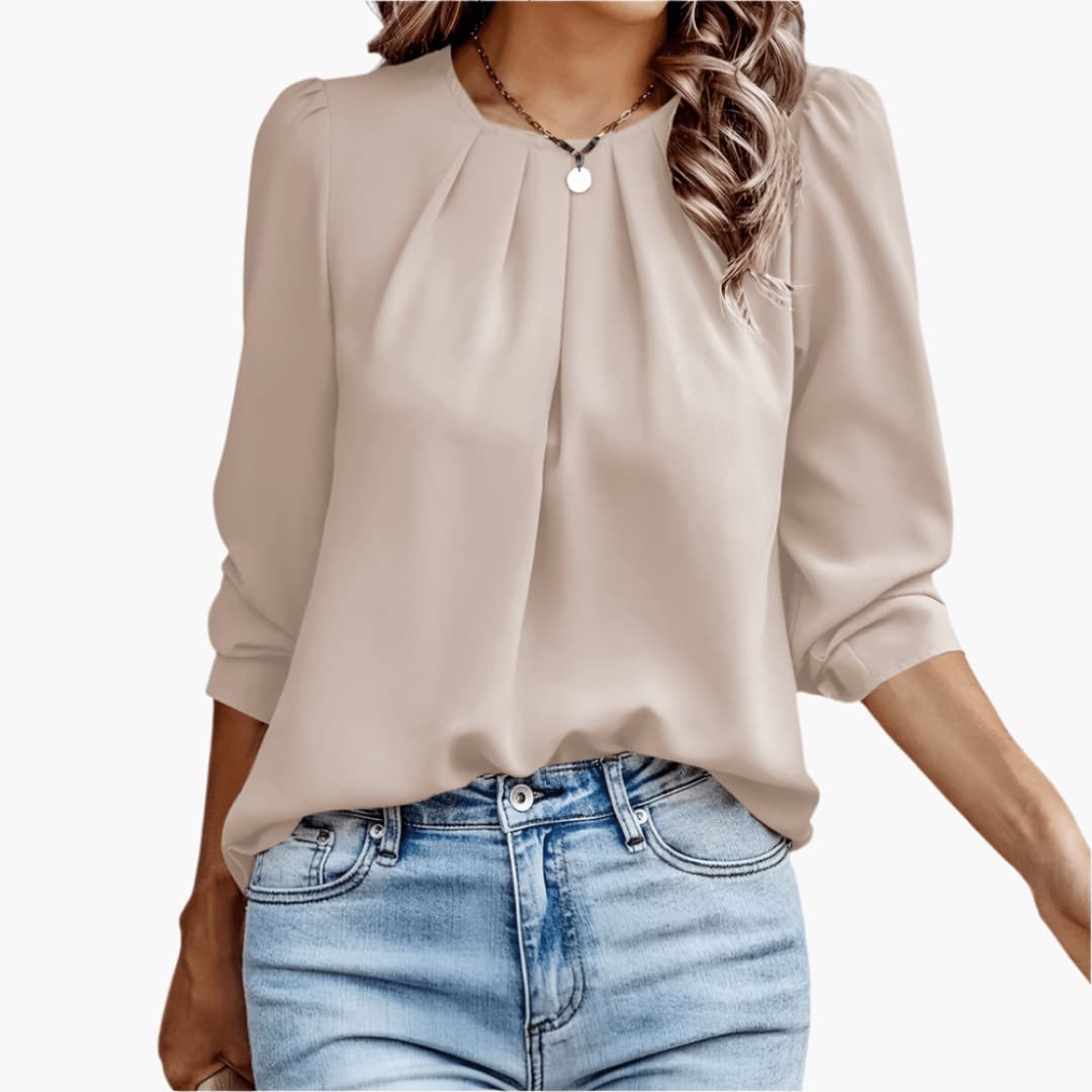 Pleated Round Neck 3/4 Sleeve Blouse 2
