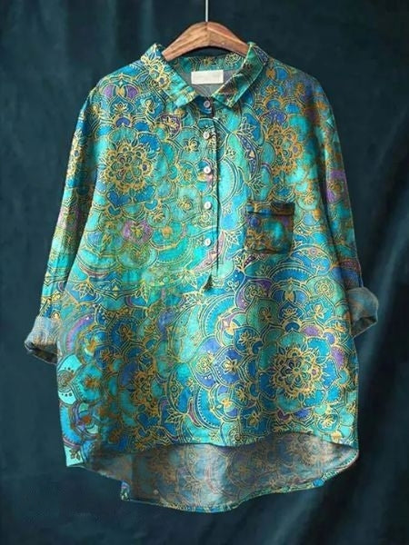 Watercolor Floral Print Long Sleeve Button Blouse 11