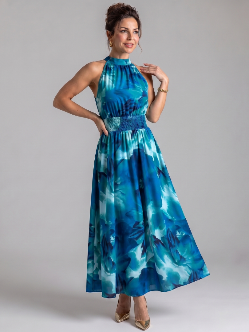 Halter Neck Smocked Waist Floral Print Maxi Dress 5