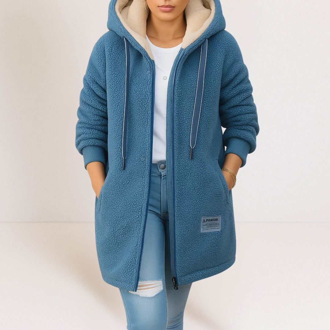Hooded Zip Front Longline Sherpa Fleece Jacket