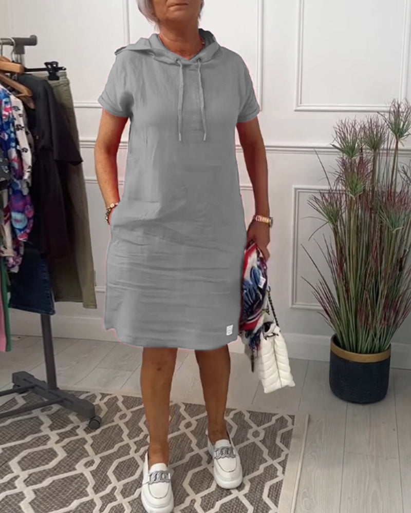 Hooded Drawstring Short Sleeve Knee Length Shift Dress 19