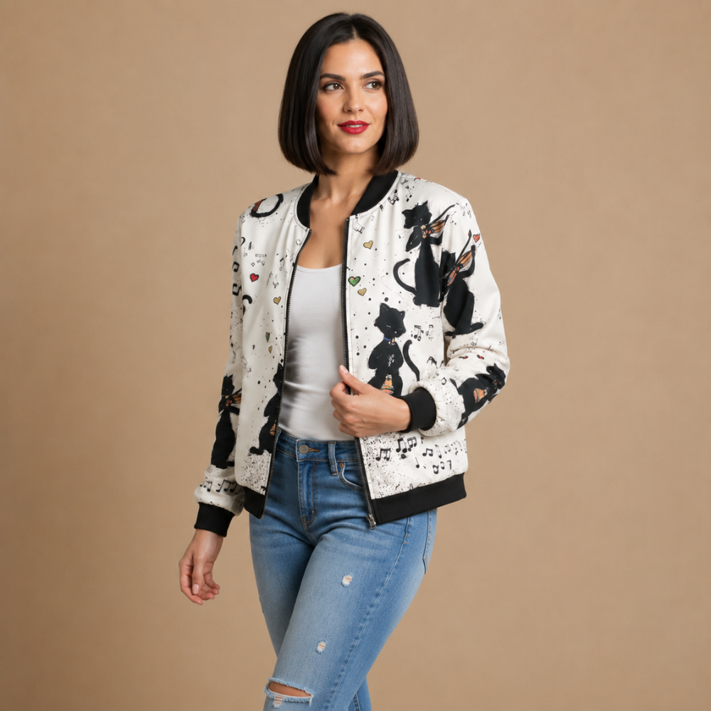 Cat and Music Print Zip Front Bomber Jacket
