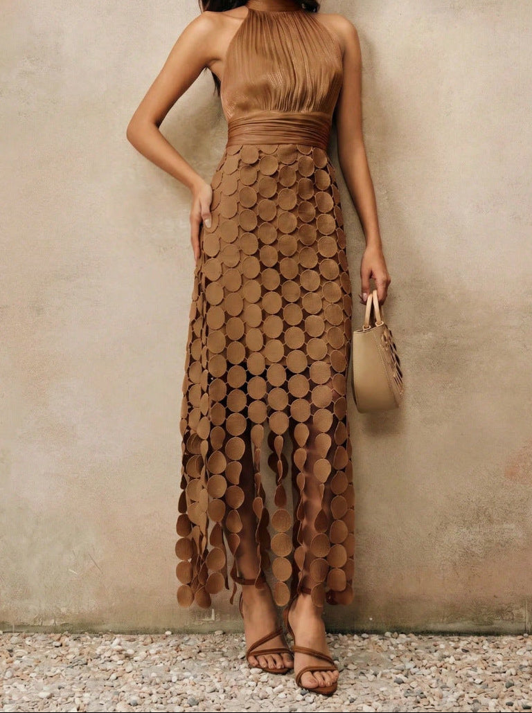 Halter Neck Ruched Disc Cut Out Fringe Hem Maxi Dress 6