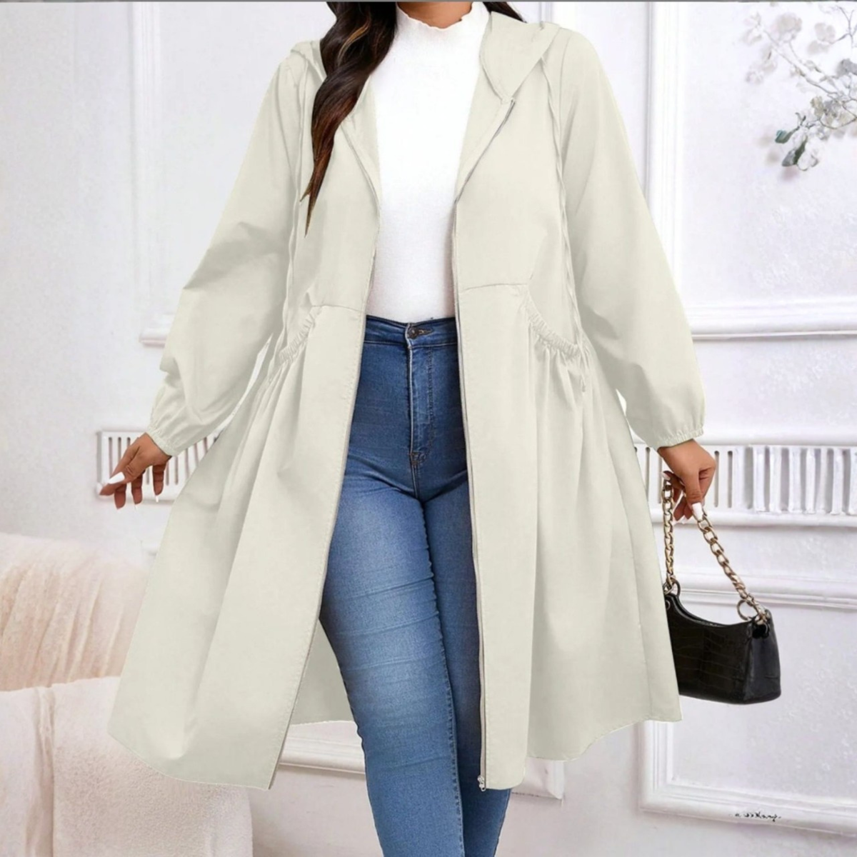Hooded Zip Front Drawstring Longline Coat 3