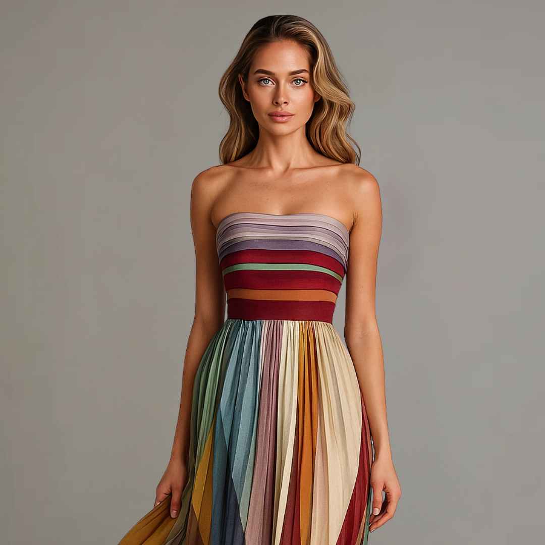 Striped Strapless Sweetheart Pleated Maxi Dress 5
