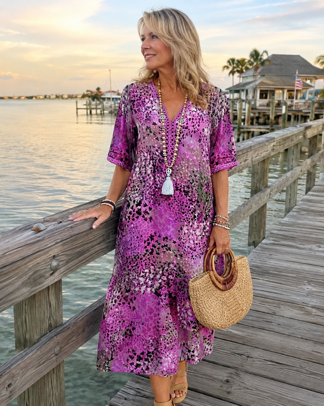 V-Neck Short Sleeve Animal Print Tiered Midi Dress