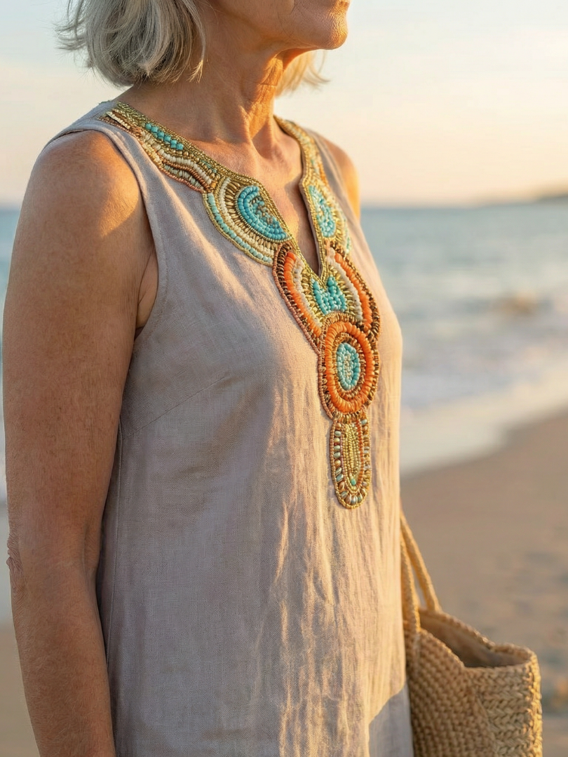 Beaded V-Neck Sleeveless Side Split Linen Look Maxi Dress 7