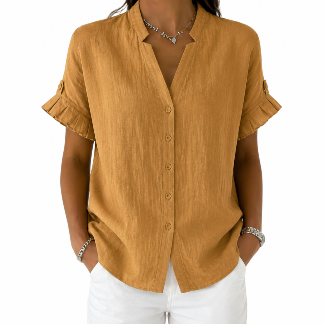 Notch Neck Ruffle Short Sleeve Button Front Blouse 6