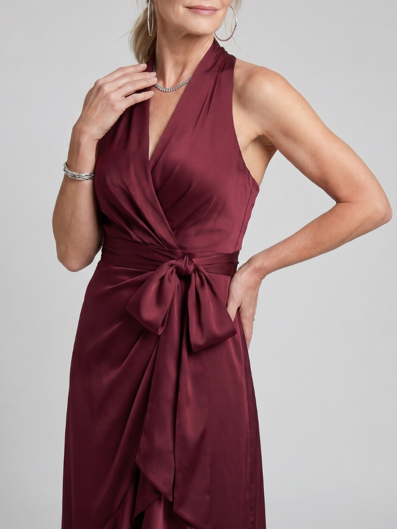 Satin Halter Neck Wrap Ruffle High Low Maxi Dress 5