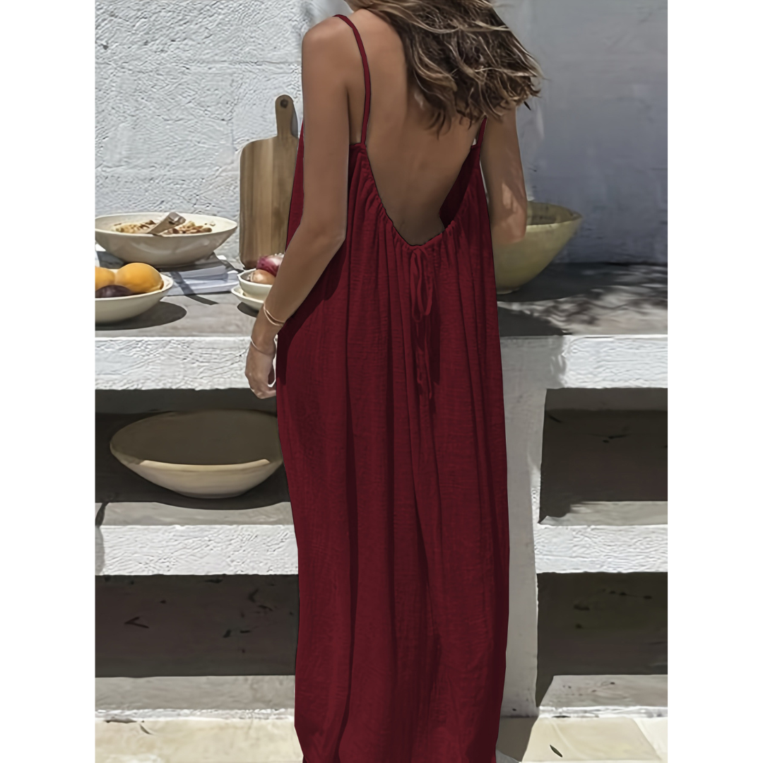 Backless Spaghetti Strap Tie Back Linen Look Maxi Dress 6